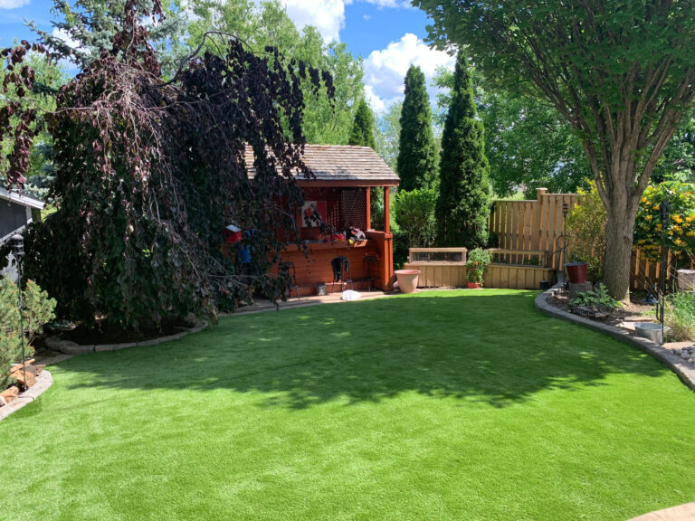 A turf lawn with a garden gazebo