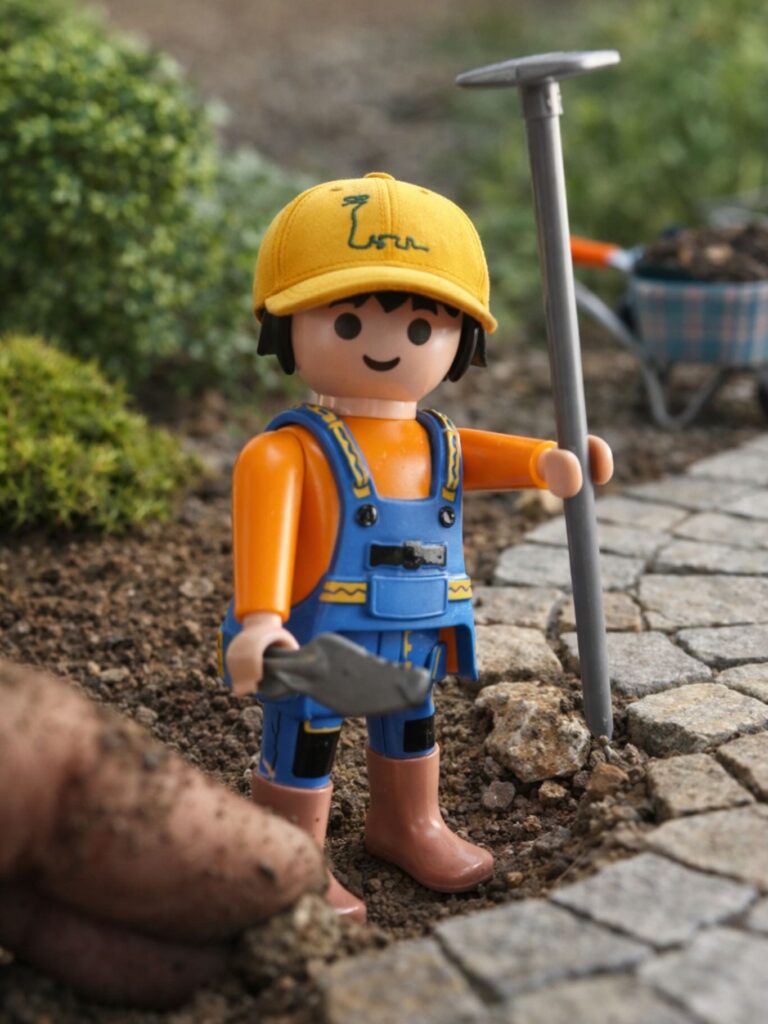 A toy landscaper figure standing beside a miniature stone path